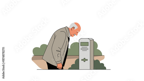 Elderly Man Remembers Loved One at Cemetery Minimalist Design Style Illustration