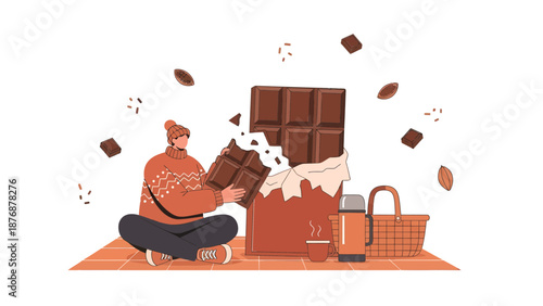 Enjoying Giant Chocolate Bar Picnic Winter Warmth Sweet Treat Illustration