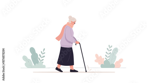 Elderly Woman Strolling With Cane In Nature's Embrace On A Sunny Day