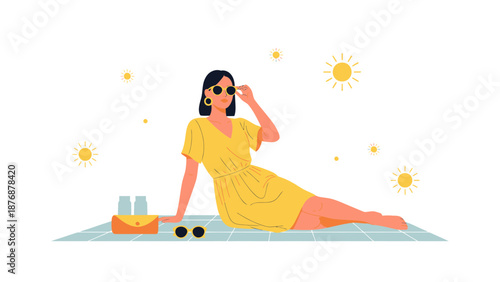 Enjoying Sunny Day Woman Relaxing In Summer Dress And Sunglasses On Beach