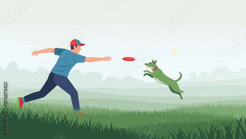 Enjoying Summer Fun Time With A Dog While Playing Frisbee In Nature