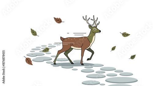 Elegant Deer Strolling On A Stone Path Amidst Falling Autumn Leaves Illustration