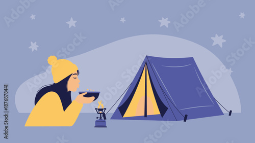 Enjoying Warm Meal Near Lit Tent Under Starry Sky At Night Adventure