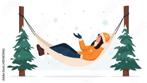Enjoying Winter Scene Woman Relaxing In Hammock Surrounded By Snowy Trees