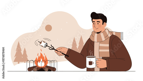 Enjoying Winter Outdoor Recreation with Fire and Hot Beverage Illustration