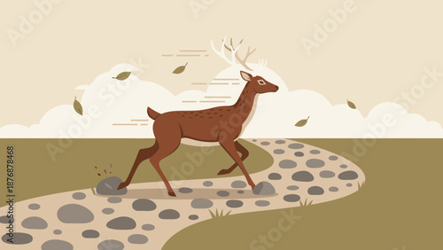Elegant Deer Trotting On A Stone Path In Autumnal Landscape Illustration