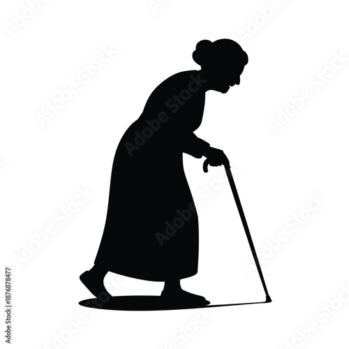 Elderly woman using a cane for support