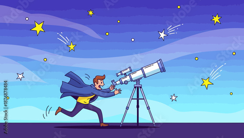 Enthusiastic Astronomer Running To Observe Celestial Events Through Telescope At Night