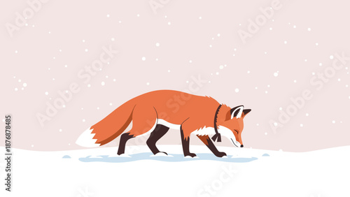 Elegant Fox Exploring Quiet Winter Landscape In The Falling Snow Illustration