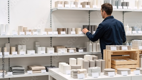 Man choosing products on store shelves. The store shelves display diverse products with price tags.