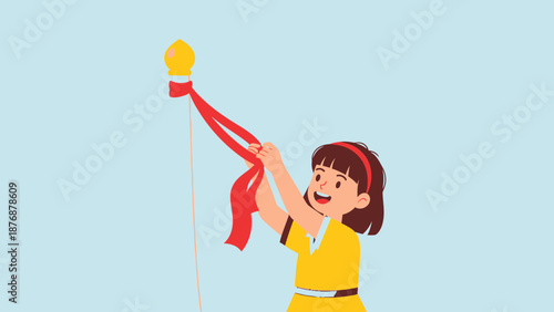Enthusiastic Girl Decorating Ritual Pole With Red Ribbon In Energetic Celebration