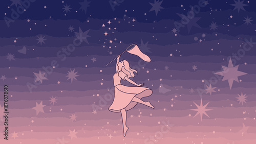 Elegant Woman Chasing Dreamy Stars With A Net On A Gradient Sky Backdrop
