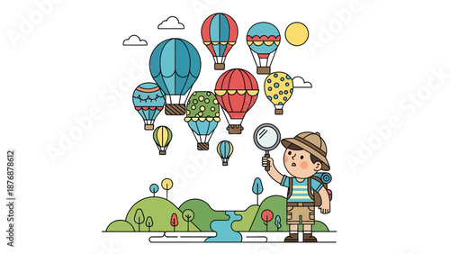 Enthusiastic Explorer Observes Hot Air Balloons With Magnifying Glass Journey