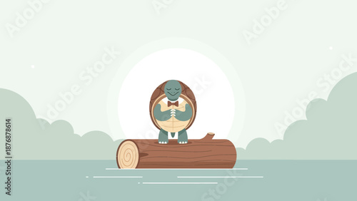 Elegant Turtle Meditating On A Log At Sunrise In A Serene Landscape