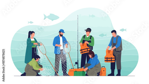 Enthusiastic Fishers Preparing Gear For a Successful Angling Experience