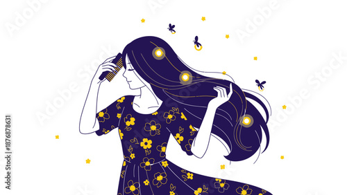 Elegant Woman Combing Her Long Hair With Glowing Ornaments And Fireflies