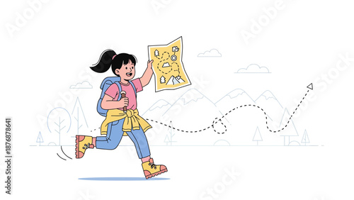 Enthusiastic Girl Exploring Nature Adventure Using Map On Summer Vacation Trip