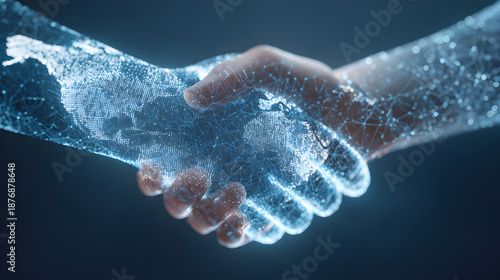 Digital handshake with glowing world map technology