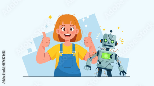 Enthusiastic Girl Giving Thumbs Up to Robot Friend Standing Beside Her