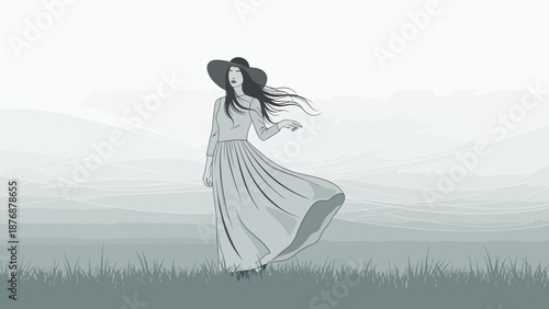 Elegant Woman In A Long Dress Standing On Grass Field With Mountain Background