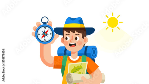 Enthusiastic Hiker Holds Compass And Map Ready For Exciting Outdoor Adventure