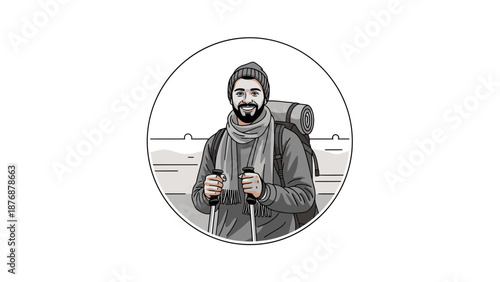 Enthusiastic Hiker Ready For Adventure Trekking With Backpack And Walking Sticks