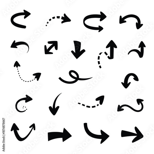 Collection of various black hand drawn style arrow and directional symbols