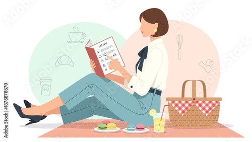 Elegant Woman Planning A Picnic Selecting From Menu With Food And Drink Elements