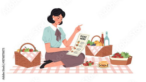 Elegant Woman Planning Picnic With Menu On Plaid Blanket Outdoors Graphic