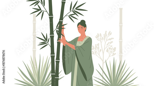 Elegant Woman In Traditional Garb Admiring Green Bamboo Forest Scenery