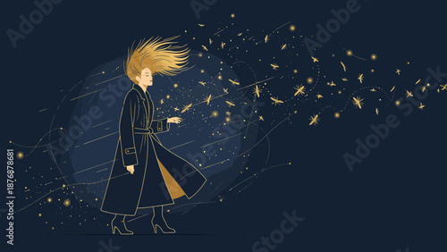 Elegant Woman In Flowing Coat Walking Amidst Fantasy Particles Design