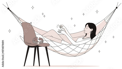 Elegant Woman Relaxes In Hammock With Jewelry And Watch In A Chic Stylish Minimalist Setting