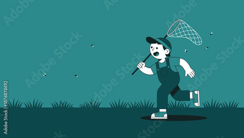 Enthusiastic Kid Pursuing Insects With Net During Summer Evening Outdoors