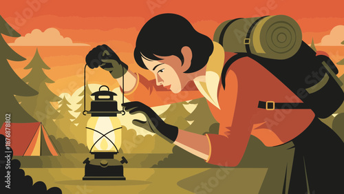 Evening Adventure Woman Exploring Nature with Lantern Illustration