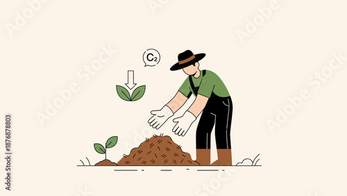 Farmer Cultivating Land With Compost For Plant Growth And Carbon Sequestration