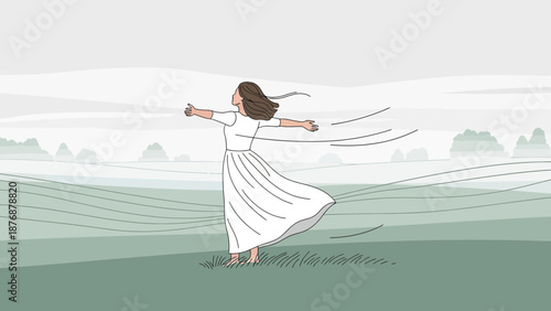 Embracing Serenity A Woman's Silhouette In A Windy Landscape Evokes Freedom