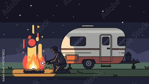 Evening Camping Adventure Man Roasting Marshmallow Near Trailer and Bonfire