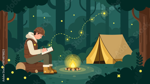 Evening Camp Scene With Fireflies And A Person Drawing In A Sketchbook