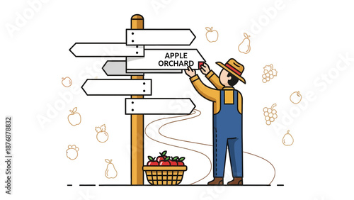 Farmer Directing Visitors To Apple Orchard With Road Signpost Illustration