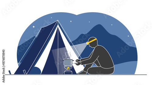 Evening Camping Scene Of A Person Cooking Outside Their Tent Under The Stars