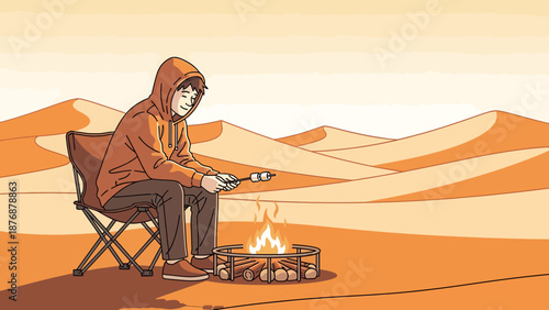 Evening Desert Campfire Solitude With Roasting Marshmallow Under the Open Sky