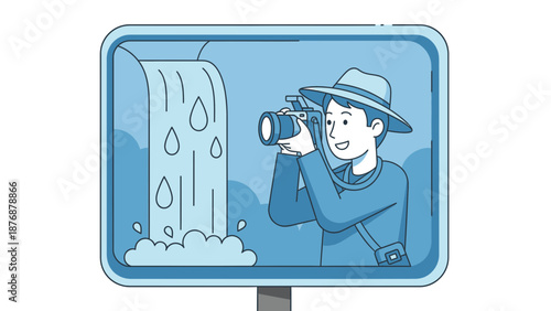 Enthusiastic Tourist Capturing Nature's Beauty At Picturesque Waterfall Scene