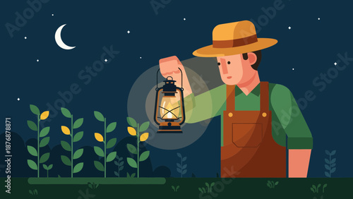 Farmer Inspecting Crops At Night With Lantern Under Moonlight Scene