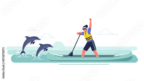 Enthusiastic Woman Paddleboarding And Watching Dolphins Jumping Out Of The Water