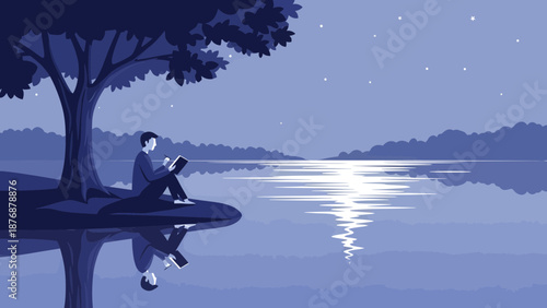 Evening Reading Underneath the Tree, Peaceful Reflection on the Lake Surface