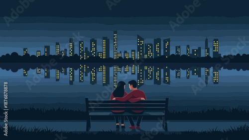 Evening Reflections Romantic Couple On Bench With City Skyline By The Lake