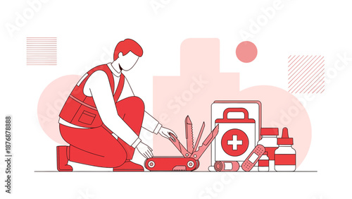 Emergency Responder Preparing First Aid Kit Equipment For Medical Assistance