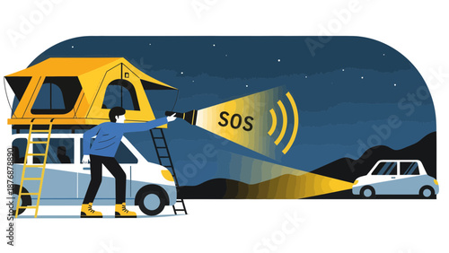 Emergency Situation Man Shining Sos Signal Light From Rooftop Tent On Vehicle