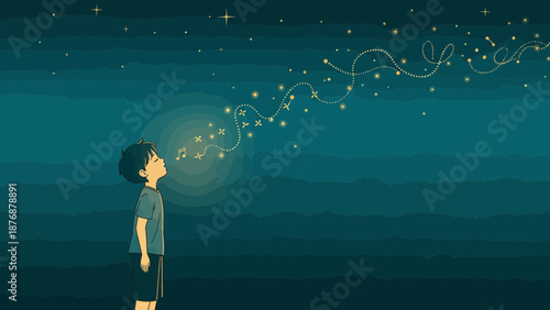 Evening Serenade Boy Releasing Melodies Into Starry Night Illustration