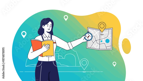 Enthusiastic Woman Holding Compass And Map Planning An Adventure Journey